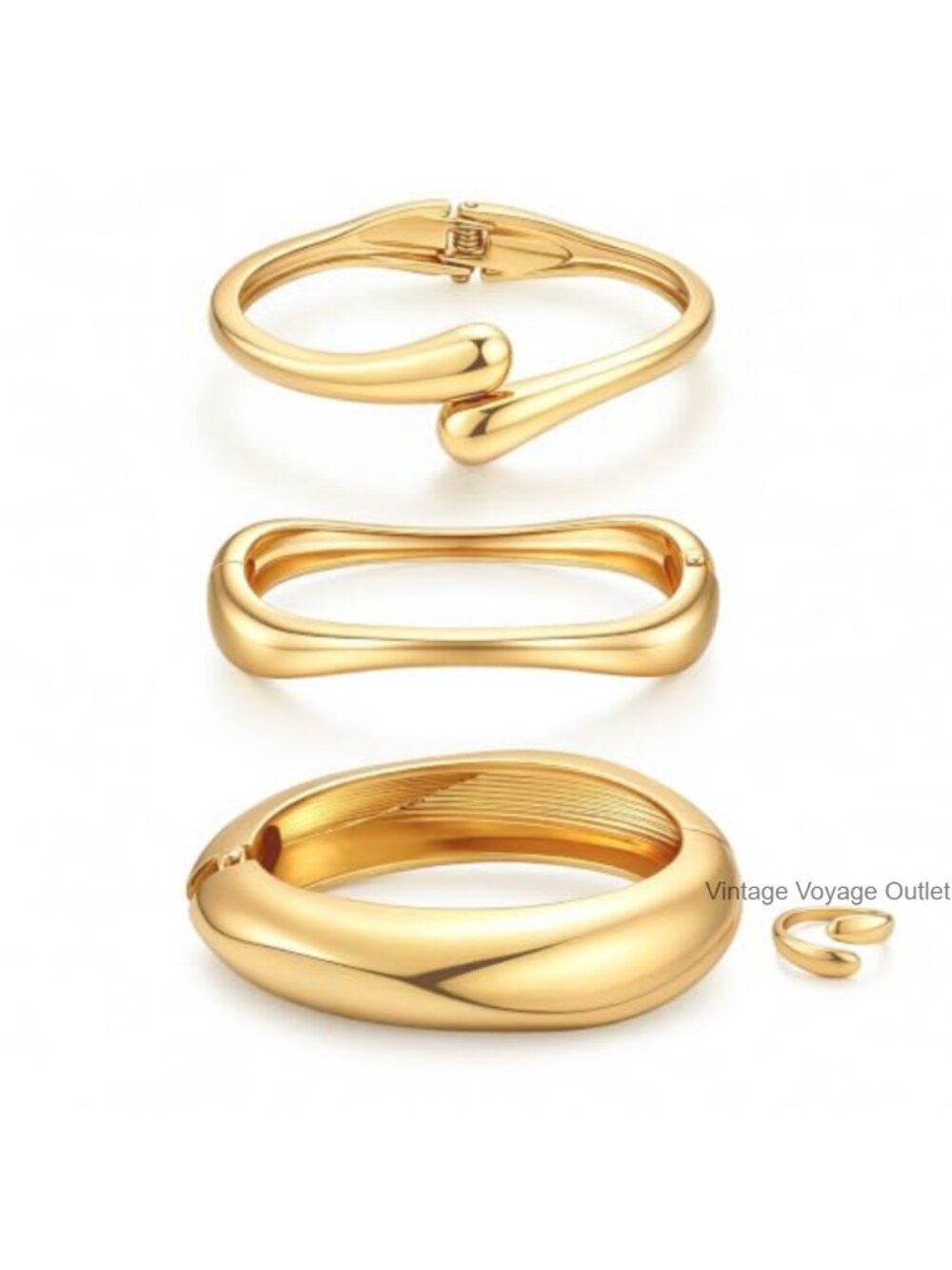 Chunky 14K Gold Plated Bangle Bracelet Set Stackable Cuff Ring Gift for Women